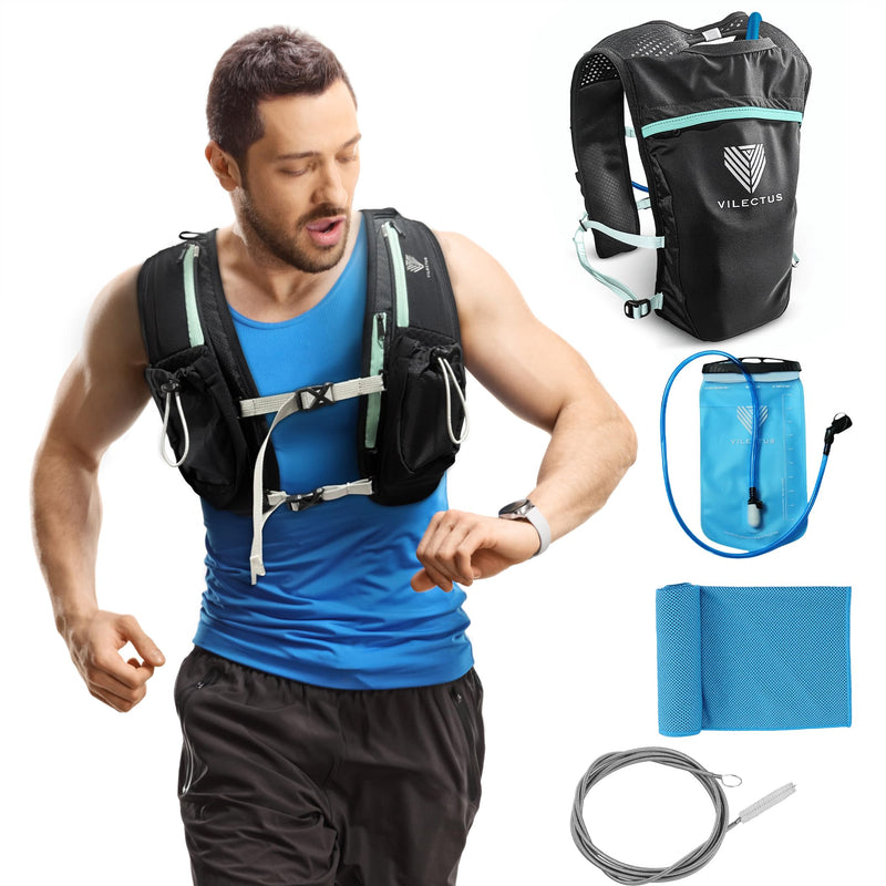 Running Vest for Women Men - Hydration Backpack with Cooling Towel & Tube Cleaner, 2.0L Water Bladder Bag, Lightweight Reflective Backpack for Hiking, Marathon & Trail Running Hydration Vest