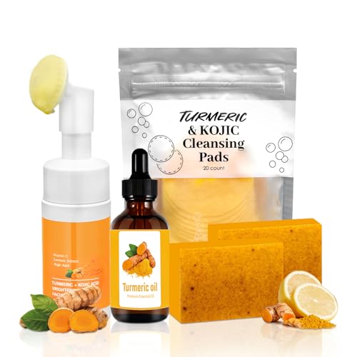 Turmeric Wash and Care 4 Piece Set,Turmeric Skincare Set: Turmeric Facial Cleanser,Cleansing Pad,Soap bar & Essential Oil, Deep Cleansing for Face & Body 5 Ounce (Pack of 1) orange