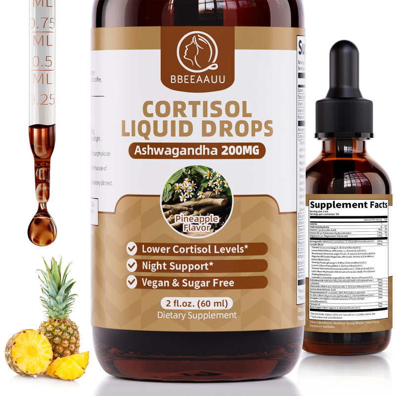 Cortisol Supplements for Women & Men, 21-in-1 Cortisol Manager Reducer | Liquid Drops with 200mg Ashwagandha, L-Theanine & Phosphatidylserine, Support Night, Focus & Energy, Pineapple, 60ml 2 Fl Oz (Pack of 1)