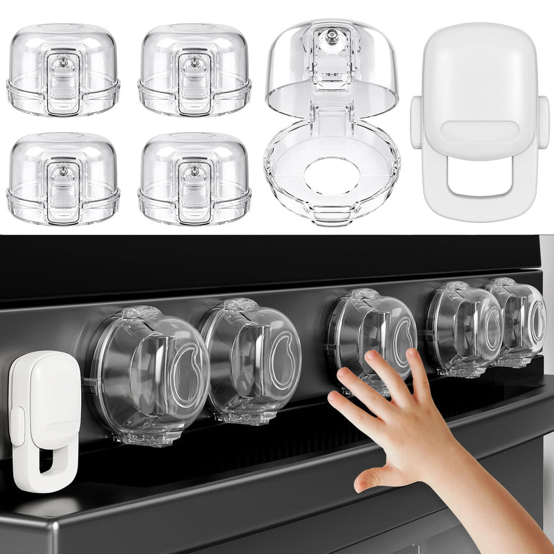 Stove Knob Safety Covers for Child (5 + 1 Pack), Upgraded Universal Size Press Gas Stove Covers with Adhesive, Heat-Resistant Childproof Oven Knob Locks for Kids and Pets (Clear) Clear - BeesActive Australia