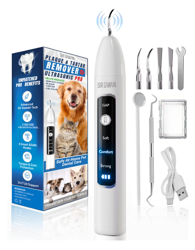 SIRGAWAIN Pet Ultrasonic Dental Cleaner — Plaque, Tartar & Stains Remover, 4 Tips, 3 Modes, LED, Contact-Activated & Smart Touch Protection, Complete Cleaning Kit for Dogs & Cats (White) - BeesActive Australia