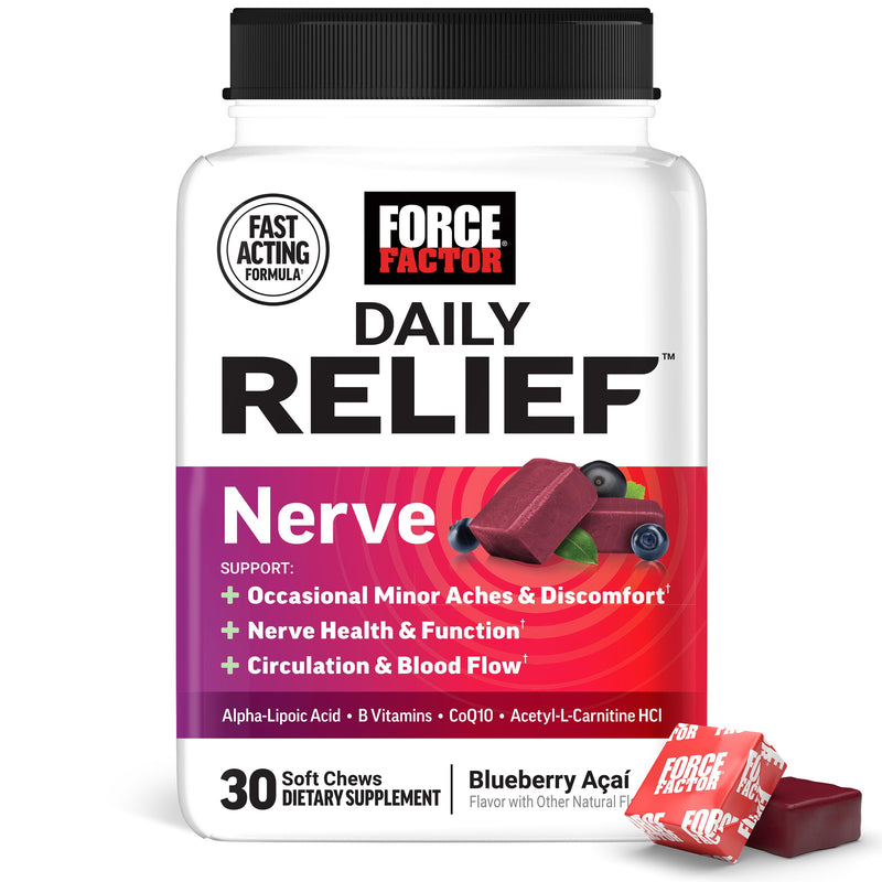 Force Factor Daily Relief Nerve Supplement with Alpha Lipoic Acid | B Vitamins, CoQ10 & Acetyl-L-Carnitine HCl for Nerve Discomfort in Hands, Feet, Toes & Fingers, Blueberry Acai, 30 Soft Chews