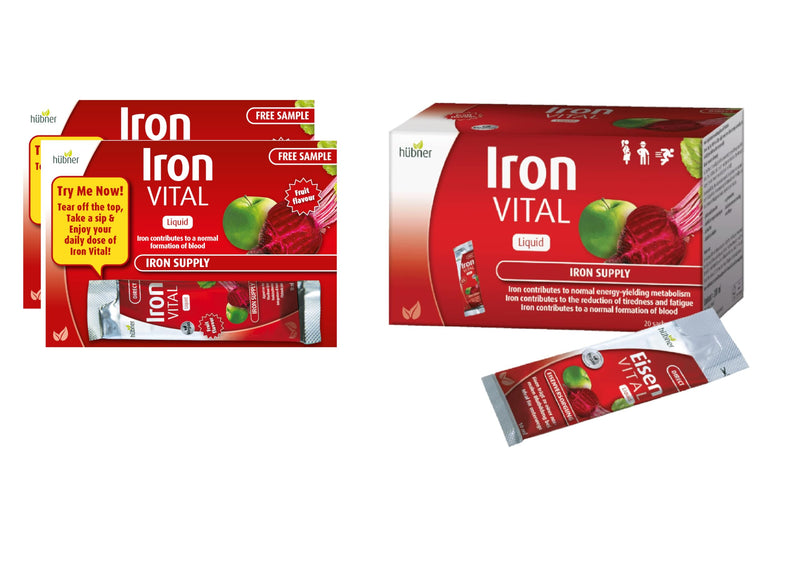 hübner Iron Vital Liquid Iron Supply Plus Vitamin C, Dietary Supplement for Adults and Kids, Vegan and Gluten-Free, Fruit Flavor, Box of 20 Packets + 2 Extra Packets, 10 ml Each 7.44 Fl Oz (Pack of 1)