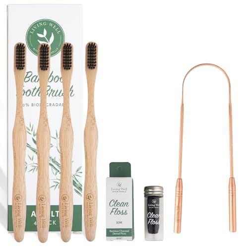 Bamboo Toothbrush, Floss, and Copper Tongue Scraper Set