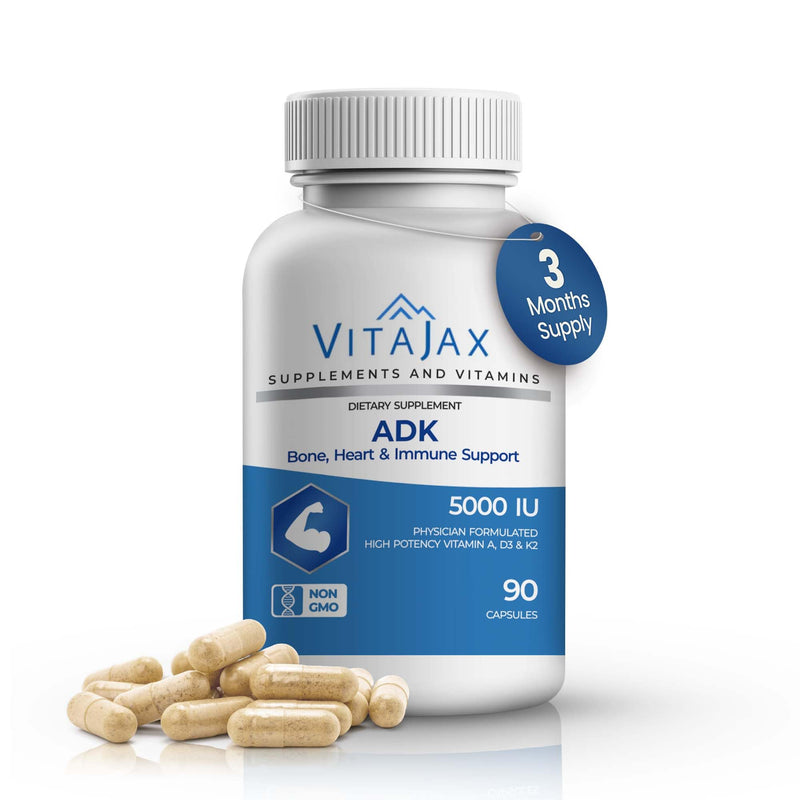 ADK - Vitamin ADK Supplement, 90 Capsules - High Potency Vitamin A, D3 (5,000 IU) K2 as MK-7 for Bone, Heart & Calcium Absorption – Non-GMO, Gluten Free (3 Month Supply) 90 Count (Pack of 1)