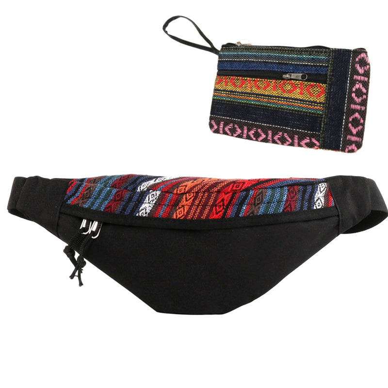 Ethnic Canvas Fanny Pack for Men and Women – Unisex Boho Bum Waist Bags with Zipper Pockets, Hands-Free Sling Crossbody Purse Adjustable Strap Travel Streetwear Hiking Camping Shopping Outdoor (Black) Black