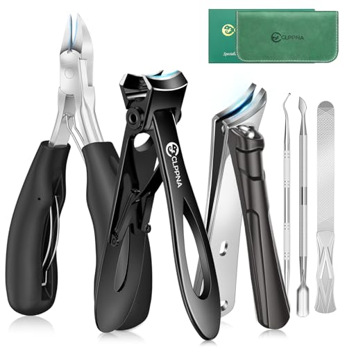 Toenail Clippers for Seniors Thick Toenails, CLPPNA Large Toe Nail Clippers Set for Men with Wide Jaw, Sharp Heavy Duty Ingrown Toenail Clippers Nail Cutter, Long Handle with Slanted Curved Blade 6PCS(Ingrown & Angled & Slanted）