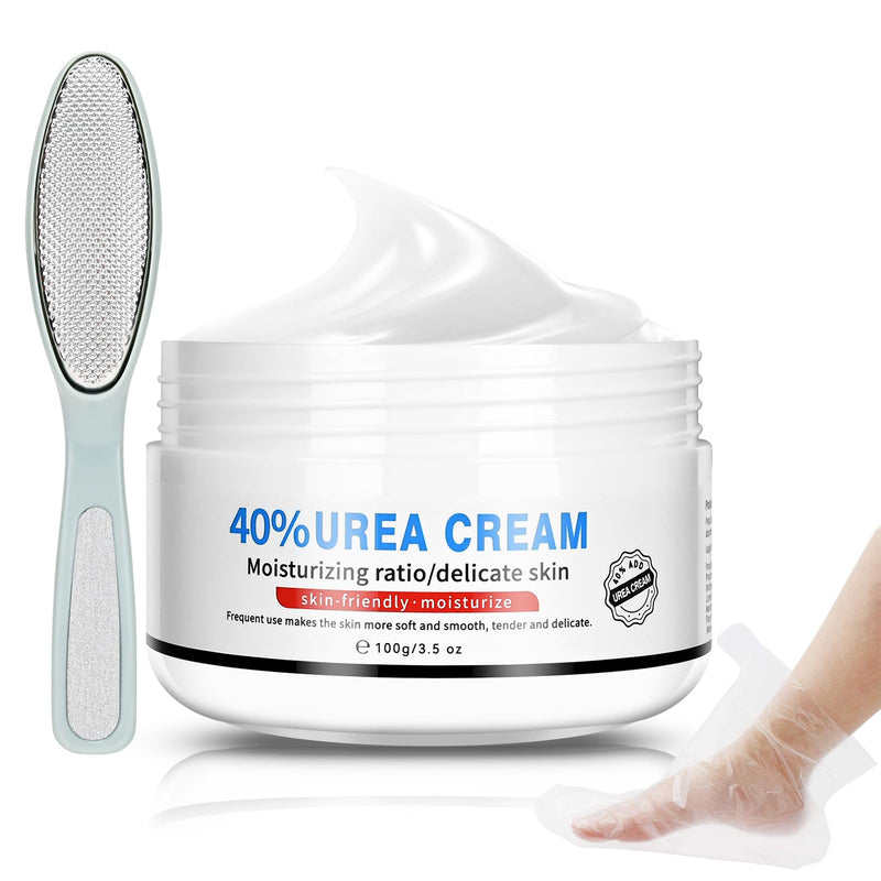 Urea Cream 40 Percent for Feet Maximum Strength, with Foot Mask Covers(50 pairs), Foot Cream for Dry Cracked Heels and Feet, Soft Feel Urea Lotion, 3.5 OZ, Foot Files 3.5 Ounce (Pack of 1) File and Foot Mask Covers