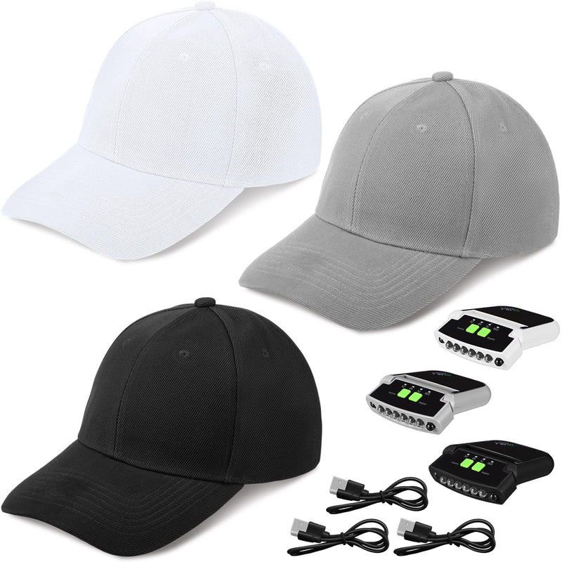 Mudder 3 Pcs LED Hat Light Baseball Cap with Clip on Light Hands Free Rechargeable Cap Visor Flashlight Headlamp for Camping Black, White, Gray