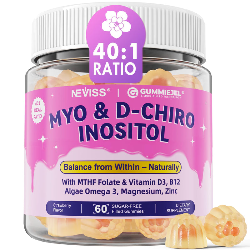 2 Pack Myo-Inositol & D-Chiro Inositol Gummies for Women, Ideal 40:1 Ratio | Female Health Support with Myo 2000mg, D Chiro 50mg, Omega 3, Folate, Vitamin D3, B12, Magnesium & Zinc, Vegan, Sugar Free 60 Count (Pack of 2)