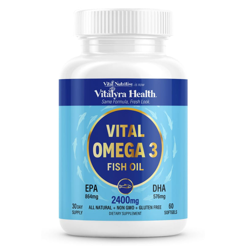 VITAL NUTRITIVE Omega 3 Fish Oil 2400mg - 864mg EPA 576mg DHA Brain & Heart | 1440mg Total Omega-3 Fatty Acids, for Women & Men, Brain & Heart Health, Lemon Taste, Gluten&Sugar Free, Non-GMO, 30 Days 60 Count (Pack of 1)