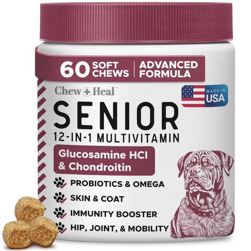 12-in-1 Multivitamin for Senior Dogs - 60 Senior Dog Vitamin and Supplement Soft Chews for Hip and Joint - Advanced Formula with Glucosamine, Omega 3,6,9, Vitamins, Probiotics - Made in the USA 60 Count