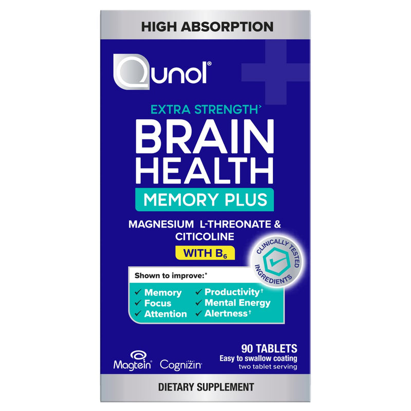 Qunol Brain Health Memory Plus w/Magtein, Cognizin & Vitamin B6, 90ct | Combines Two Clinically Tested, High Absorption Ingredients to Improve Memory, Focus, Attention, Productivity 90 Count (Pack of 1)