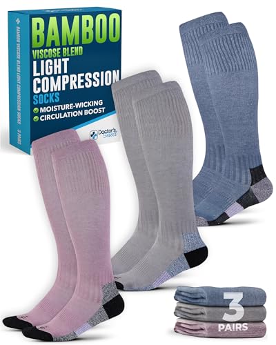 Doctor's Select® Bamboo Viscose Light Compression Socks for Women & Men - 3 Pairs, 8-15 mmHg Compression Socks, Knee High Medium Gray/Blue/Rose - 3 Pairs