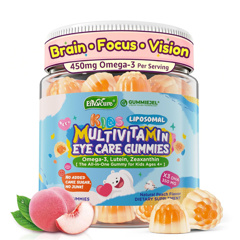 Kids Multivitamin Gummies + Iron, Kids Focus Gummies with Omega-3, Brain Attention Supplements, Memory, Vision, w/ Lutein, Methylated Folate & B12, Probiotics, Fiber, Children Vitamins for Growth 60 Count (Pack of 1)
