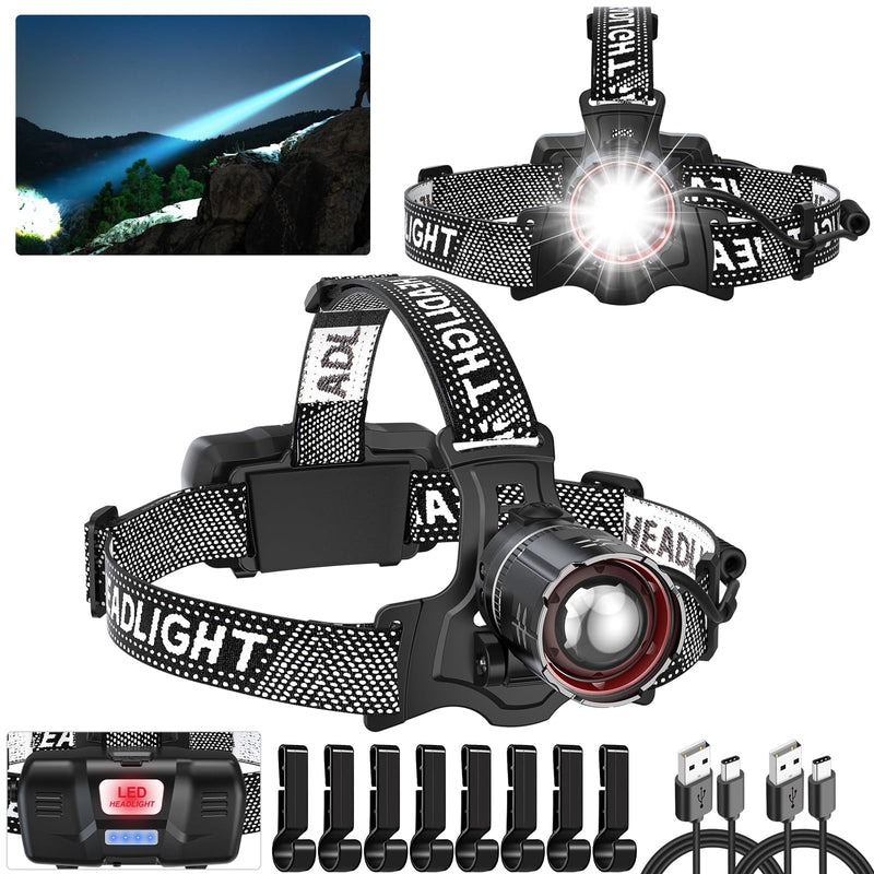 Super Bright Headlamp Rechargeable 2 Pack, High Lumen LED Head Lamp with Motion Sensor, 5 Modes, Zoomable Head Light for Forehead, 90° Adjustable, Waterproof Headlamps for Adults, Hard Hat, Camping