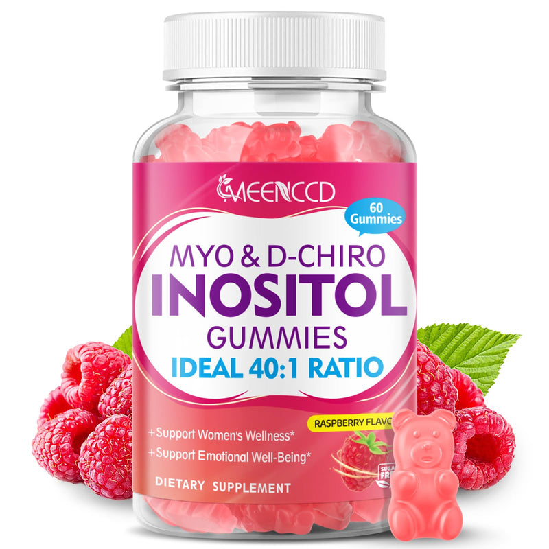 MEENCCD Myo-Inositol & D-Chiro Inositol Gummies, 40:1 Ratio Inositol with Vitamin D3, Magnesium Glycinate, Folate & Zinc, Inositol Supplement for Female Health, Raspberry Flavor, 60 Count 60 Count (Pack of 1)