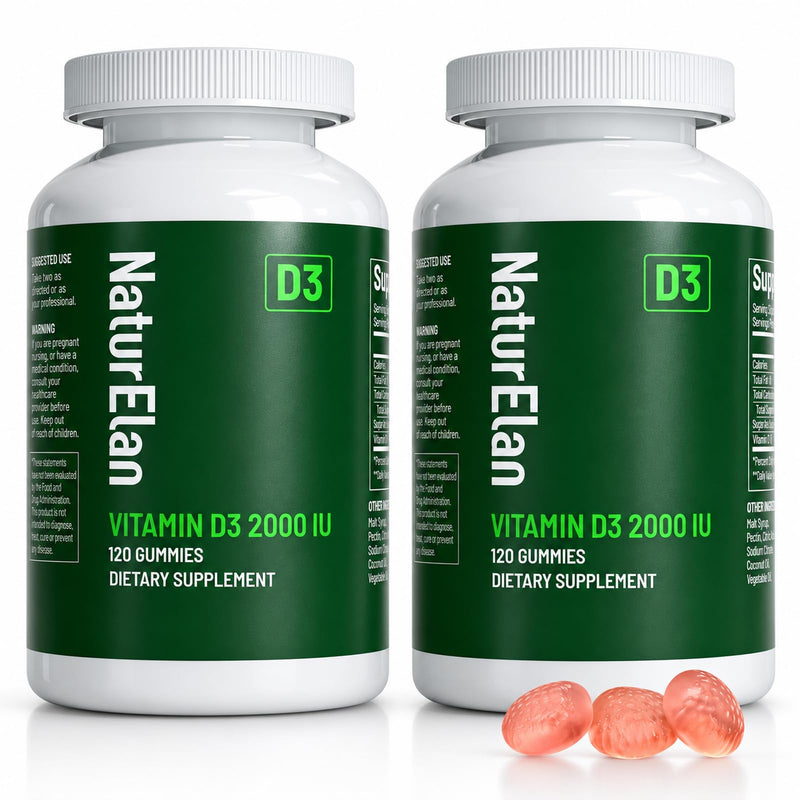 2 Pack Vitamin D3 Gummies - 240 Gummies, 2000 IU Vitamin D3, Sugar Free | Boost Bones, Mood & Immune System Function, Yummy Peach Flavor, Vegan, Non-GMO & Gluten Free, 240 Servings 120 Count (Pack of 2)
