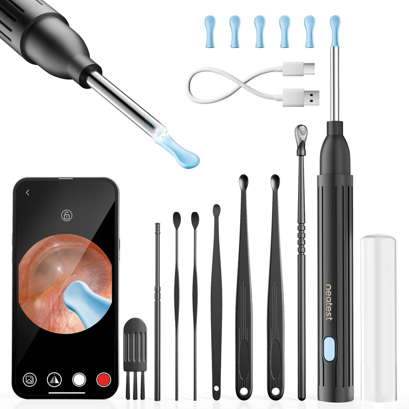 NEATEST Ear Wax Removal Tool with Camera - Ear Cleaner with 1296P HD Otoscope 6 LED Lights 8 Different Earwax Removal Kit Wireless Visual Ear Cleaning Tool for iPhone & Android Phones Jet Black - BeesActive Australia