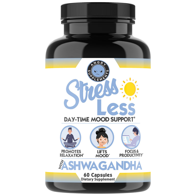 Angry Supplements Stress Less Day-Time Mood Support Pills – Natural Stress Relief with Ashwagandha, Rhodiola, L-Theanine, Magnesium & B Vitamins– Calm Focus & Mental Clarity – 60 Capsules (1-Bottle) 1