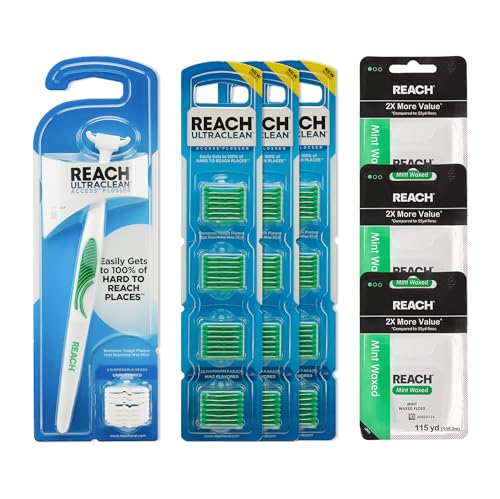 REACH Mint Fresh Oral Hygiene Bundle – Access Flosser Kit (1 Flosser + 92 Heads) + Waxed Mint Dental Floss (3 Pack, 115 yd), PFAS Free, Plaque Remover, Oral Care for Adults & Kids