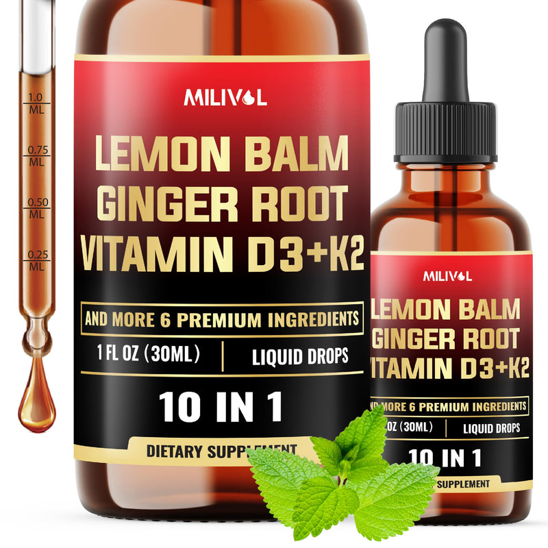 10in1 Lemon Balm Tincture - 3300mg Lemon Balm Leaf Extract Liquid Drops with Ginger Root, Turmeric Liquid, Ceylon Cinnamon, Vitamin D3, K2-1Fl Oz - 60 Servings