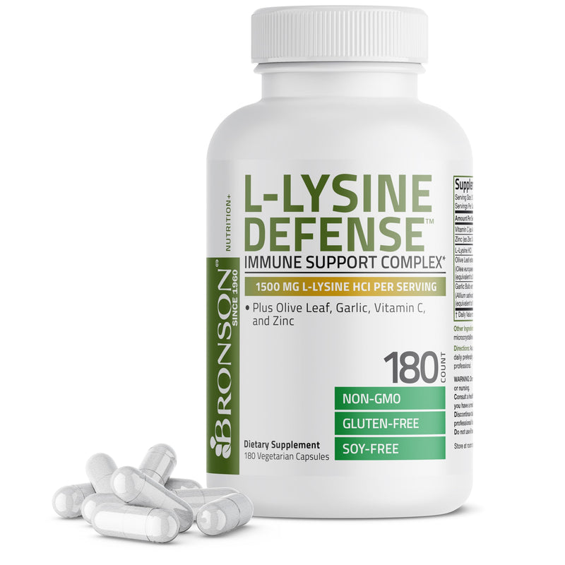 Bronson L-Lysine Defense Immune Support Complex, 1500 mg, 180 Capsules | Essential Amino Acid with Olive Leaf, Garlic, Vitamin C & Zinc, Vegetarian, Non-GMO, Gluten-Free & Soy-Free 180 Count (Pack of 1)
