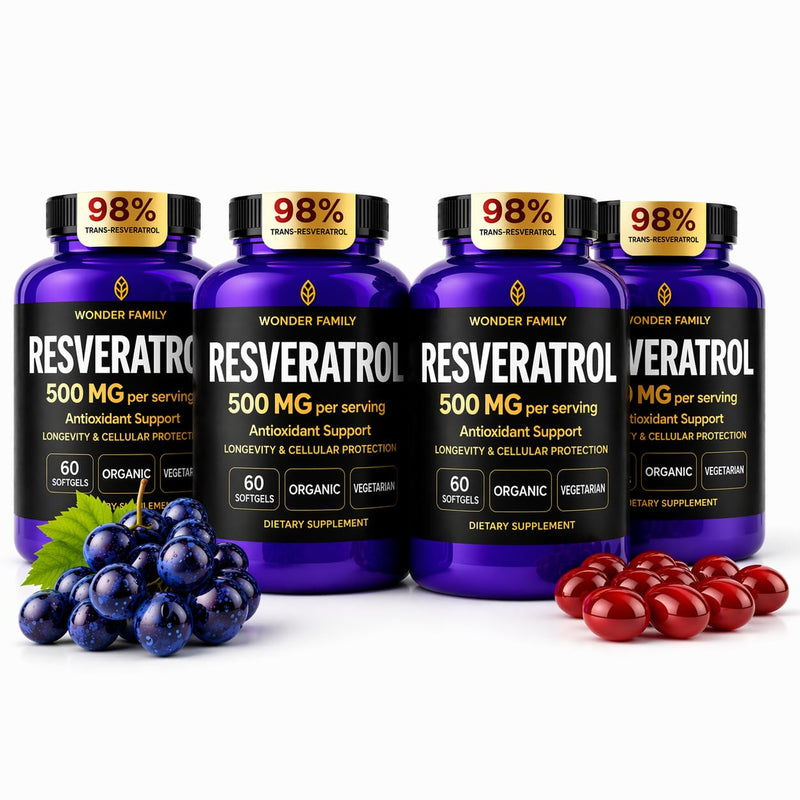 WONDER FAMILY Resveratrol Supplement 500mg, 98% Trans-Resveratrol from Japanese Knotweed, Vegan Antioxidant Capsules for Daily Wellness, Non-GMO, Gluten-Free - 240 Softgels 60 Count (Pack of 4)