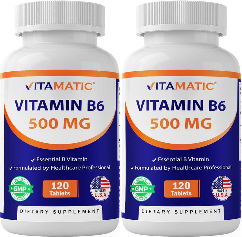 Vitamatic Vitamin B6 500 mg Tablets, 120 Count, Pyridoxine HCl - 2 Pack | High Potency Vitamin B6, Supports Energy Metabolism and Nervous System*, Non-GMO, Gluten Free, GMP Certified