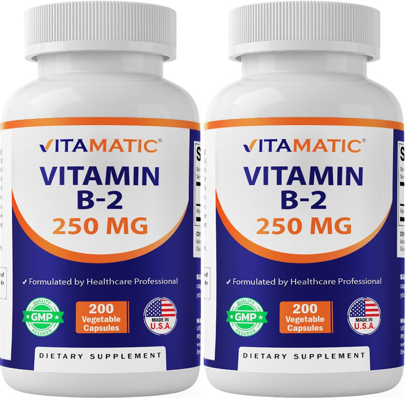 Vitamatic Vitamin B2 (Riboflavin) 250 mg, 200 Vegetarian Capsules (2 Pack) | Supports Energy Metabolism, Healthy Skin & Eye and Antioxidant*, Non GMO, Gluten Free, Made in USA