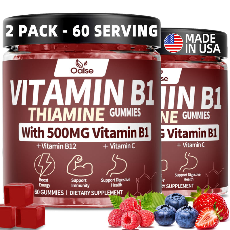 2 Pack Vitamin B1 Gummies, 500mg Vegan Sugar Free Thiamine B1 Supplement | Thiamine Gummies with B12 for Adults & Kids, Mixed Berries Flavor,120 Counts Focus Supplement 120 Count (Pack of 1)