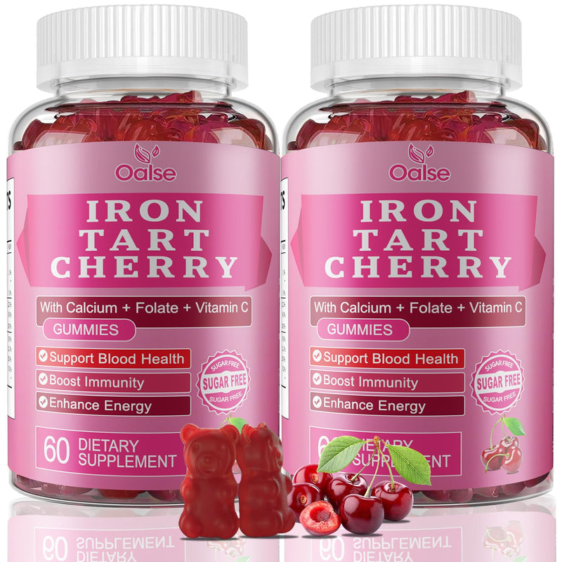 2 Pack Iron Gummies, Tart Cherry Iron Supplement for Women & Men | Iron with Vitamin C, Calcium, Zinc, Folate, B12 for Immune Support, Sugar Free, Vegan 120 Count (Pack of 1)