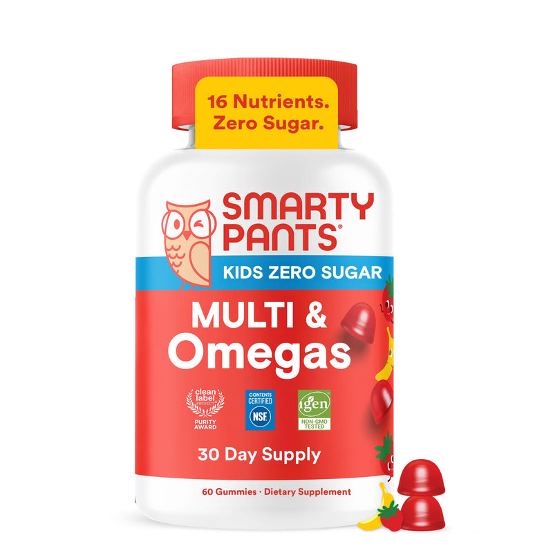 SmartyPants Kids Zero Sugar Multi & Omegas Multivitamin Gummies with Omega 3 ALA, Vitamins D, C, A, Plant-Based, Clean Label, No Sugar Alcohols, Strawberry Banana Flavor, 60 Gummies (30 Day Supply) 60 Count (Pack of 1)