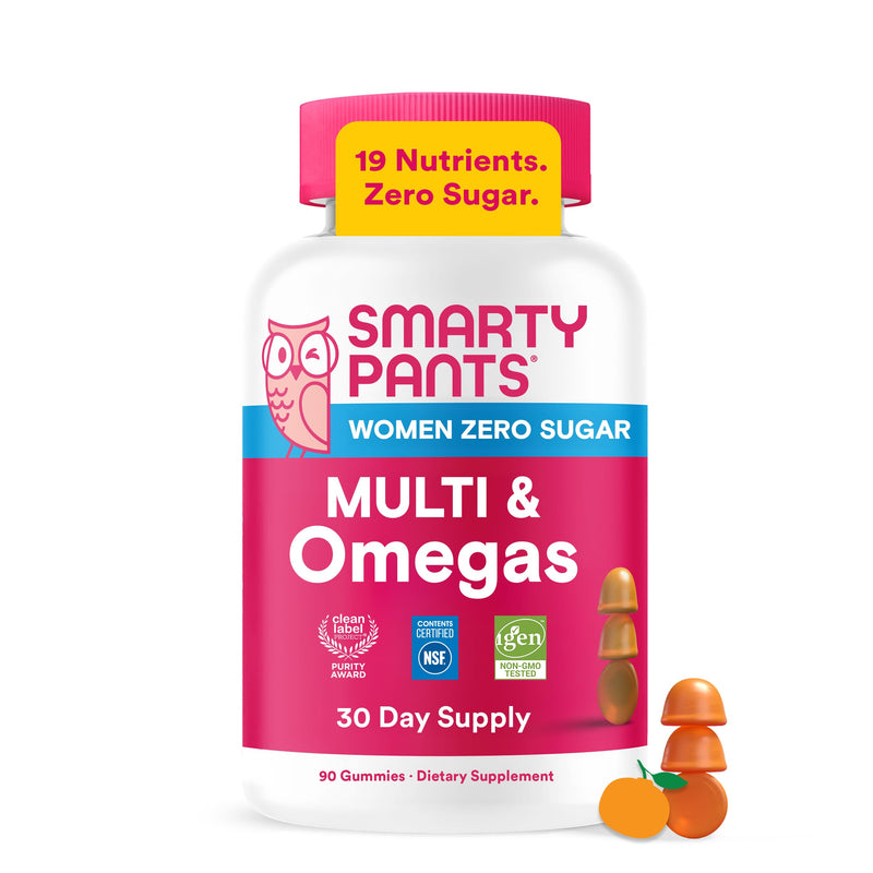 SmartyPants Women’s Zero Sugar Multi & Omegas Multivitamin Gummies with Biotin, Methylfolate, Omega 3 ALA, Vitamins D3, C, B12, Clean Label, No Sugar Alcohols, Orange Flavor, 90 Count (30 Day Supply) New Formula