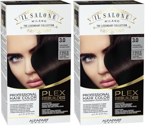 Il Salone Milano Plex Rebuilder Permanent Hair Color Cream - 3.0 Dark Brown Professional Hair Dye Kit for a Natural Gloss & Glaze - Paraffin, Paraben, and Alcohol Free (Pack of 2) 2 Count (5.01 Fl Oz)