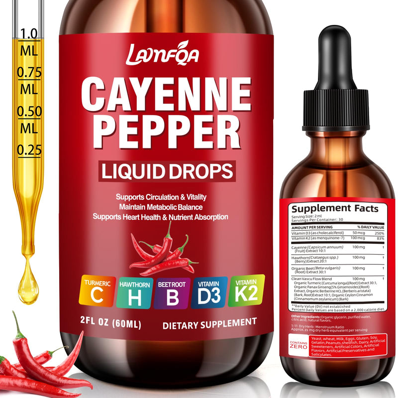 Cayenne Pepper Drops with Hawthorn, Turmeric Curcumin, Beet Root, Vitamins D3 & K2 - Vegan, Fast-Absorbing Supplement - 2 Fl Oz