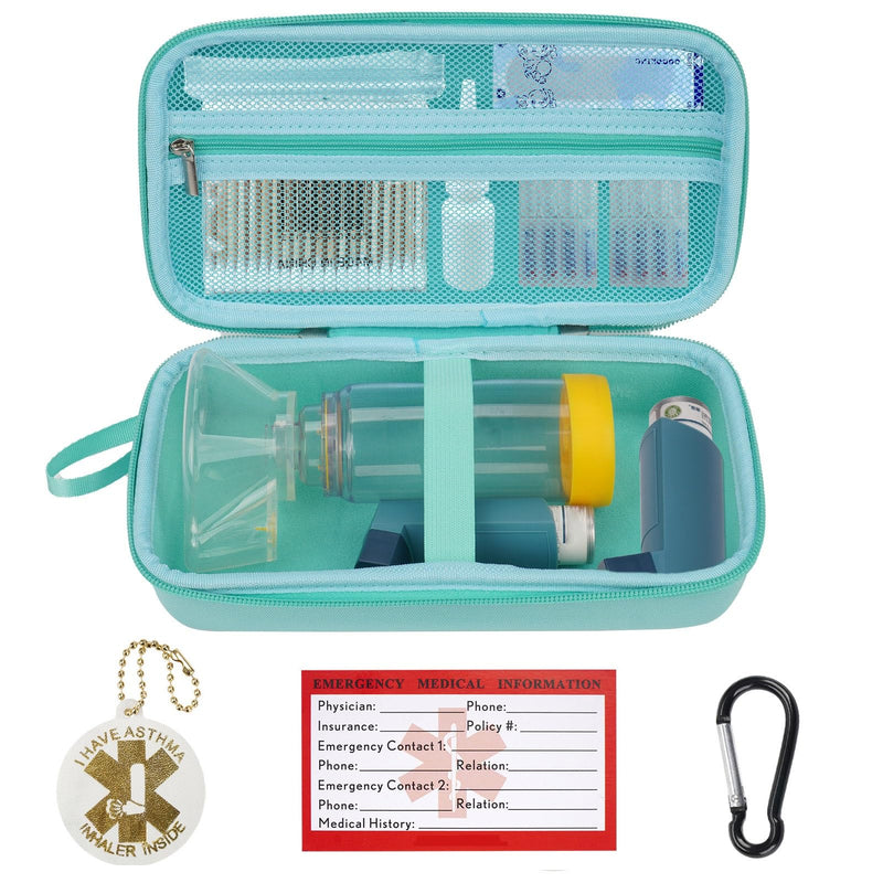 YouKnow Travel Carrying Case for Asthma Inhaler, Inhaler Spacer for Adults and Children, Mask, Inhaler Holder with Asthma Warning Label and Medical Card, with Carabiner (Case Only) (Green) Green - BeesActive Australia