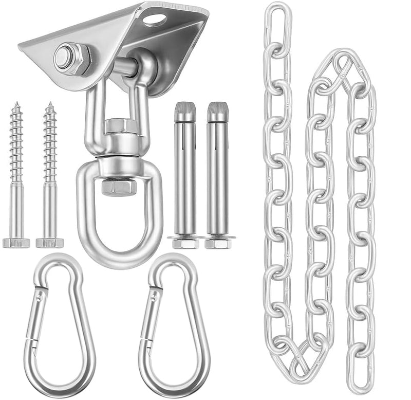 Hammock Hanging Kit, Hanging Chair Hardware with Chain 1200 lb Capacity Hammock Hooks, Heavy Duty Porch Swing Hanger, 360 Swivel Ceiling Hooks Snap for Chair, Seat, Yoga, Punching Bag, Gym (Silver) Silver Hammock + Chain