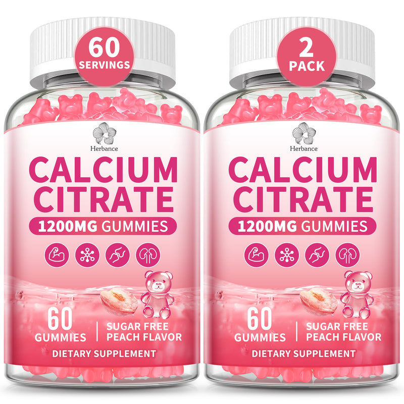Pure Calcium Citrate 1200 mg Gummies for Adults Kids, High Absorption Calcium Supplements for Women & Men, Sugar Free, Non-GMO, Gluten Free, Supports Bone,Teeth,Muscle & Immune - Peach Flavor, 2 pack. 60 Count (Pack of 2)