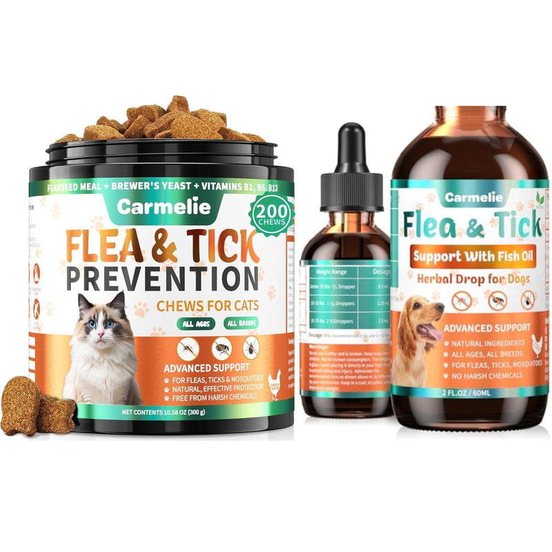 Cat Flea Chews + Dog Flea Drops Bundle – 200 Chicken-Flavored Chews for Cats + Topical Herbal Drops for Dogs – Natural Flea & Tick Prevention for Multi-Pet Homes