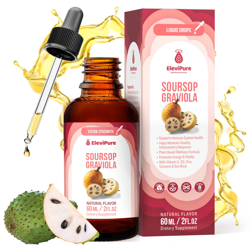 Soursop Bitters Liquid Drops – Immune Support & Gut Health with Soursop Organic Graviola Leaf Extract, Sea Moss, Vitamin C, D3, B6, Zinc, Turmeric & Black Pepper – 2 fl oz