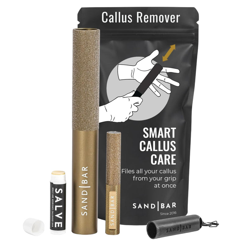 SandBar Ultimate Callus Remover Set - 4" & 8" Files with Moisturizing Salve Balm Stick - Elevating Athletes, Weightlifters & Rock Climbers for Smoother Hands & Feet - Gold (Black) (Gold Bundle) Gold Bundle - BeesActive Australia
