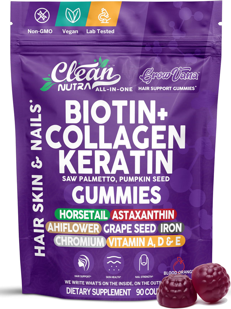 Biotin Gummies for Hair Growth, Hair Vitamins for Women with Collagen Keratin Zinc Saw Palmetto Horsetail Astaxanthin Pumpkin Seed MSM Grape Seed Iron Vitamins A D E, GrowVana by Clean Nutra 90 Count