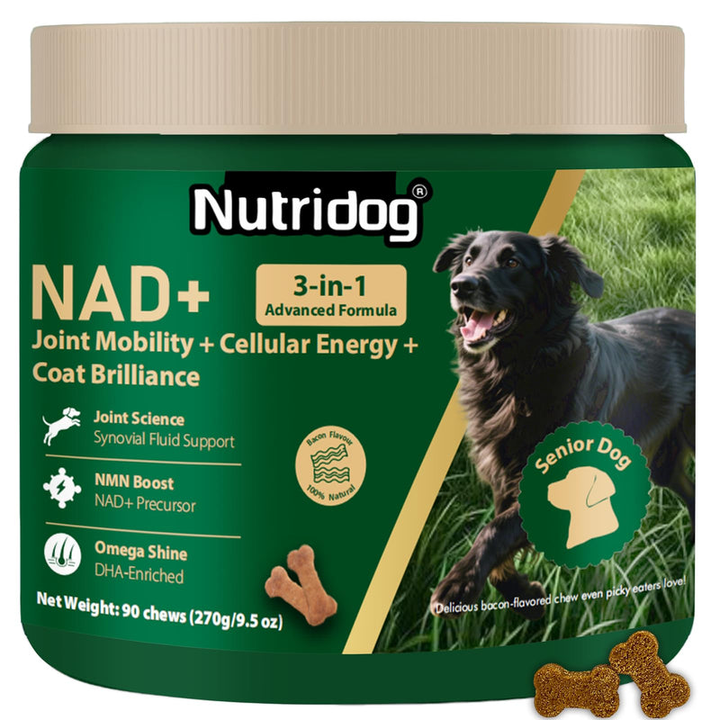 NMN Supplement for Dogs NAD+ Booster - Anti-Aging & Longevity Soft Chews for Senior Dogs with Resveratrol, CoQ10, Glucosamine & Omega-3-3-in-1 Cellular Energy, Joint & Skin Support Bacon 90Ct