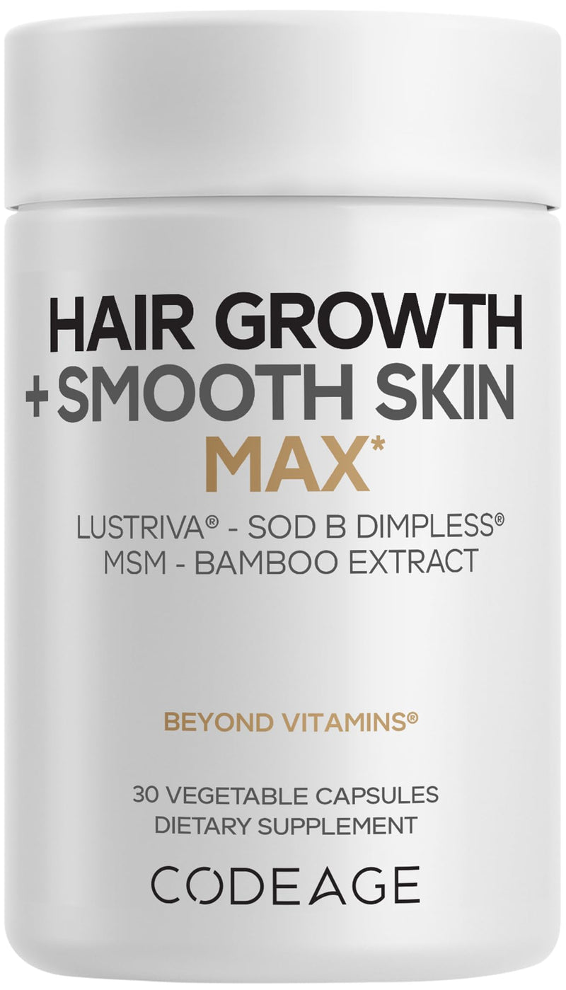 Codeage Hair Growth Skin Vitamins, Lustriva, SOD B, Biotin, 30 Capsules | Hair and skin supplement with Lustriva, SOD B Dimpless, biotin, vitamin C, hyaluronic acid, MSM and bamboo.
