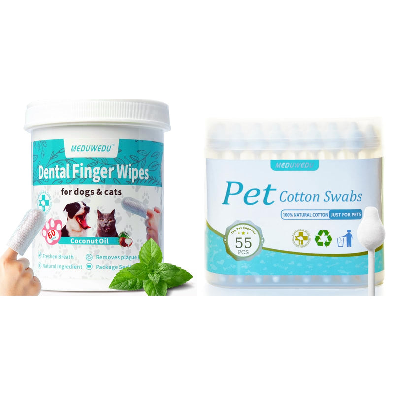 MEDUWEDU Oral & Facial Care Set – Mint Dental Finger Wipes + Cotton Swabs for Dogs & Cats