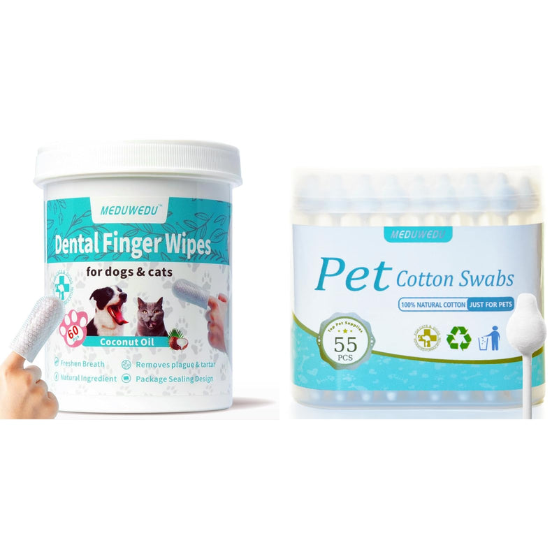 MEDUWEDU Oral & Detail Care Kit – Coconut Scented Finger Dental Wipes + Cotton Swabs for Dogs & Cats