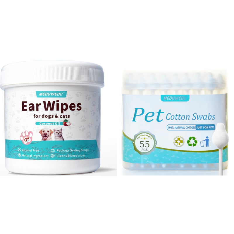 MEDUWEDU Pet Ear Cleaning Kit – Ear Wipes + Cotton Swabs for Dogs & Cats
