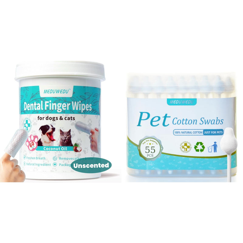 MEDUWEDU Oral & Facial Care Kit – Unscented Dental Finger Wipes + Cotton Swabs for Dogs & Cats