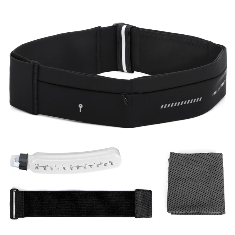 Lsnisni Slim Running Belt for Men and Women, Running Waist Pack with Water Bottle & Towel, Multi Pocket Fanny Pack - Phone Holder, Adjustable for Running, Climbing - Medium Black-medium